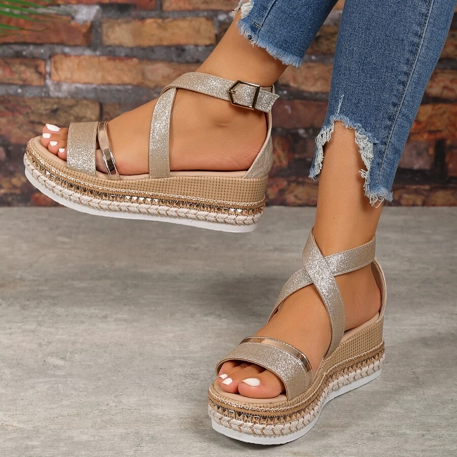 Sandalen Damen – Glitzernde Keilsandalen mit Plateau für den Sommer
